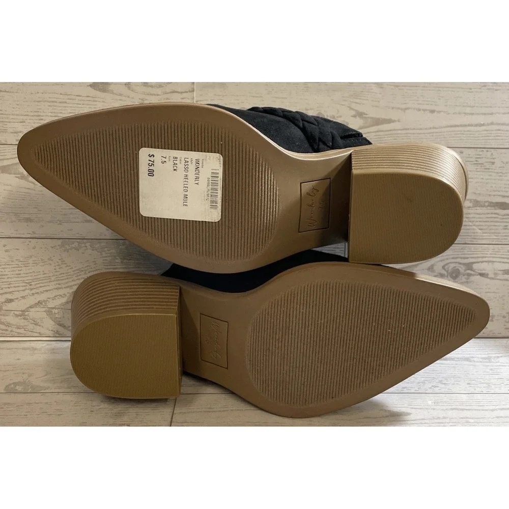 Wonderly Black Faux Suede Lasso Heeled Mules Women's 7.5  M Southwestern Braided - Picture 8 of 10